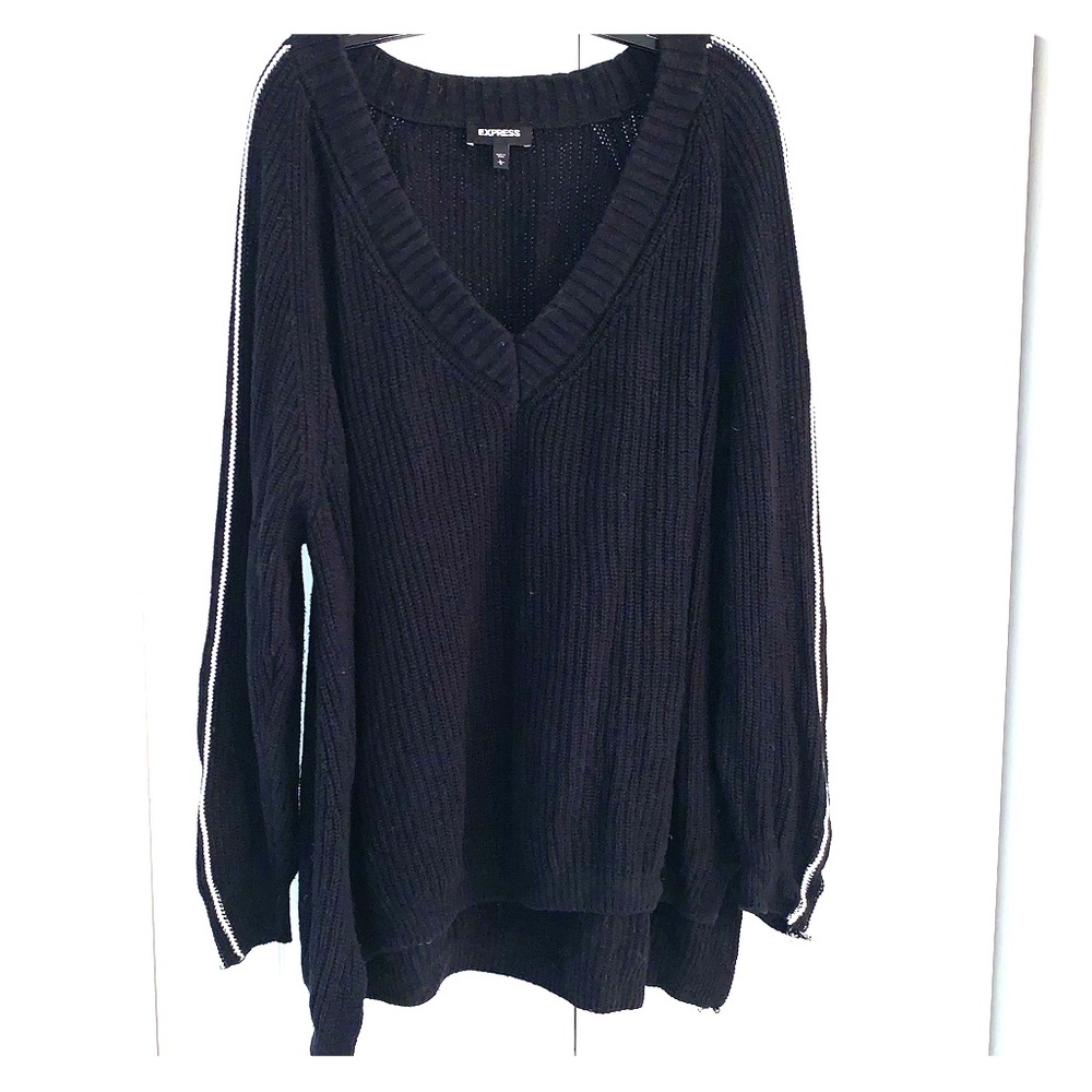 Black vneck sweater with white sleeve stripes